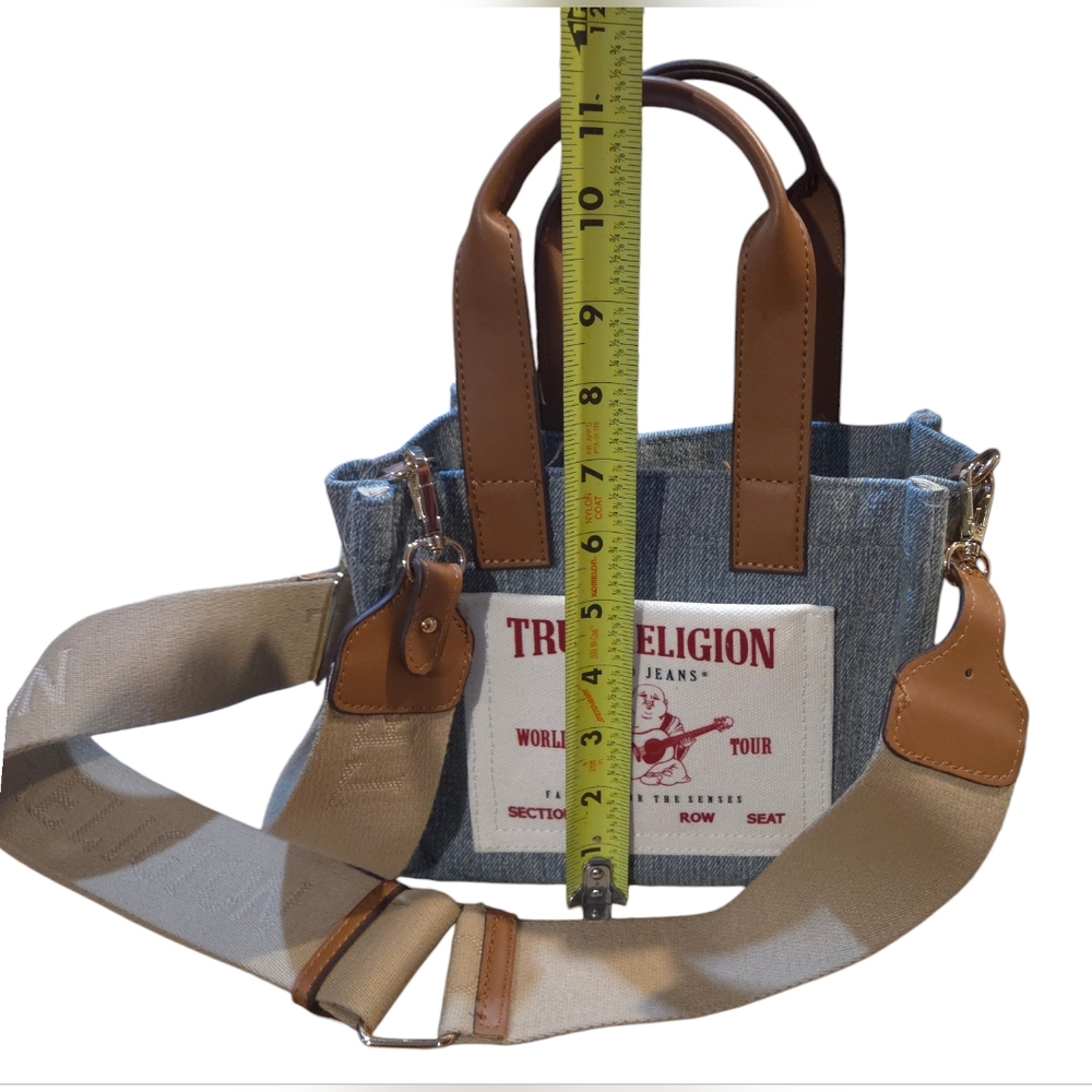 True Religion Denim Mini Tote Bag Faux Leather Handles Logo Patch Y2K - Picture 7 of 7